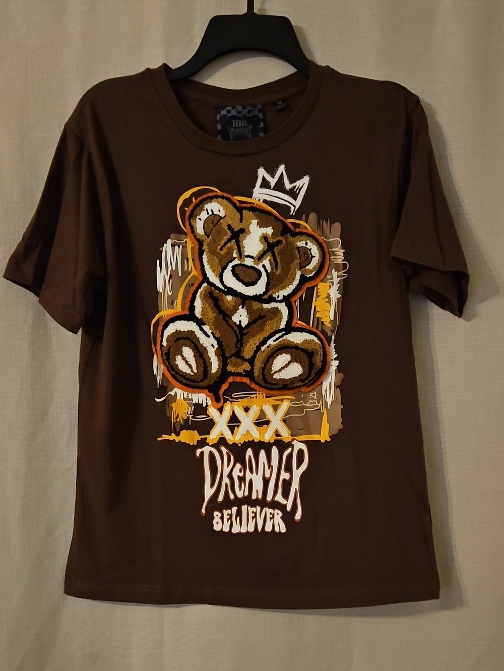 Rebel Vengeance Brown Teddy Graphic Tee with Yellow & White Accents